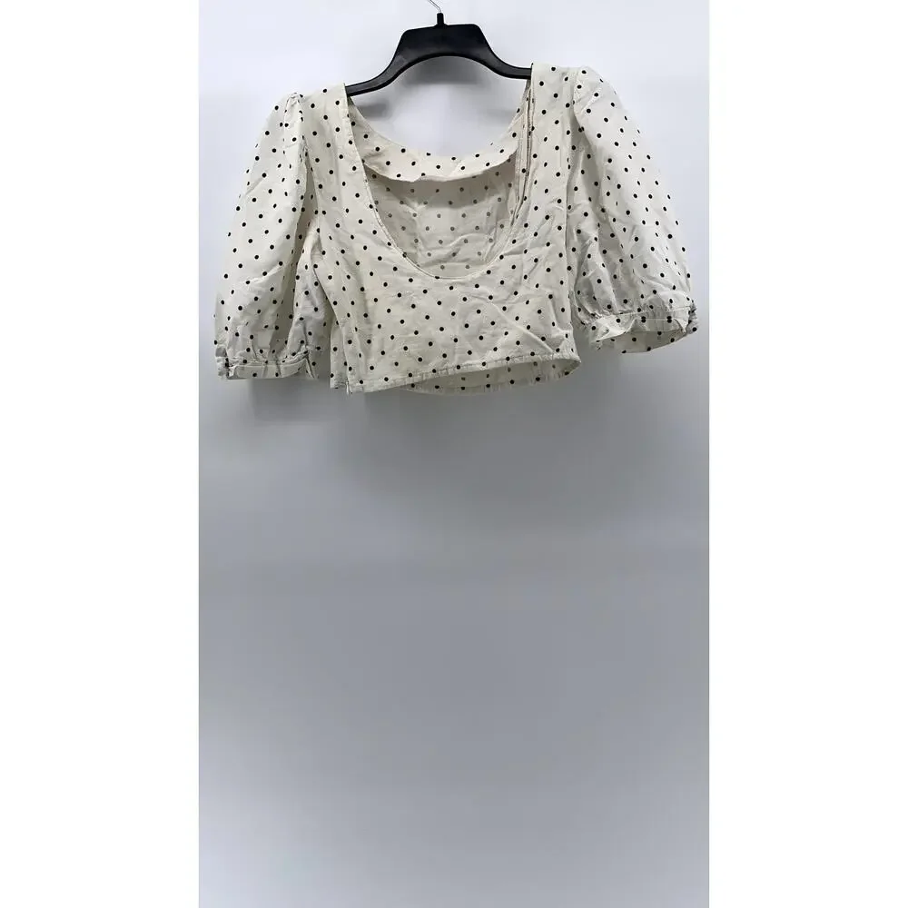 UNBRANDED Women's White-Black Micro Dot Print Balloon Sleeve Cropped Top SZ S - Picture 2 of 9